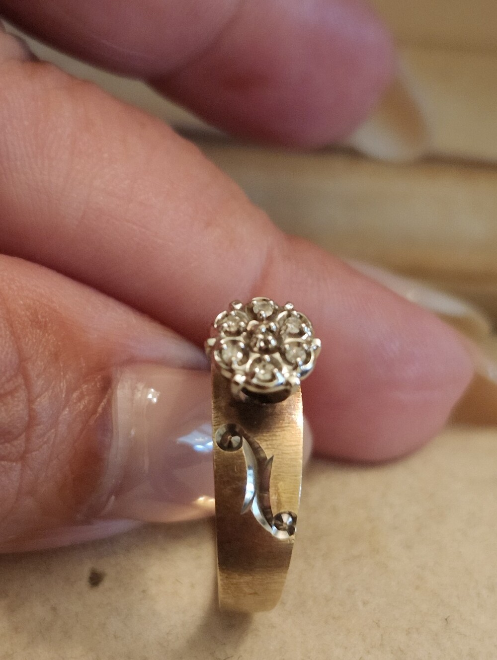 1970s GTR 10K Yellow Gold Natural Diamond Flower Cluster Wide Band Ring Size 7 - Picture 6 of 14